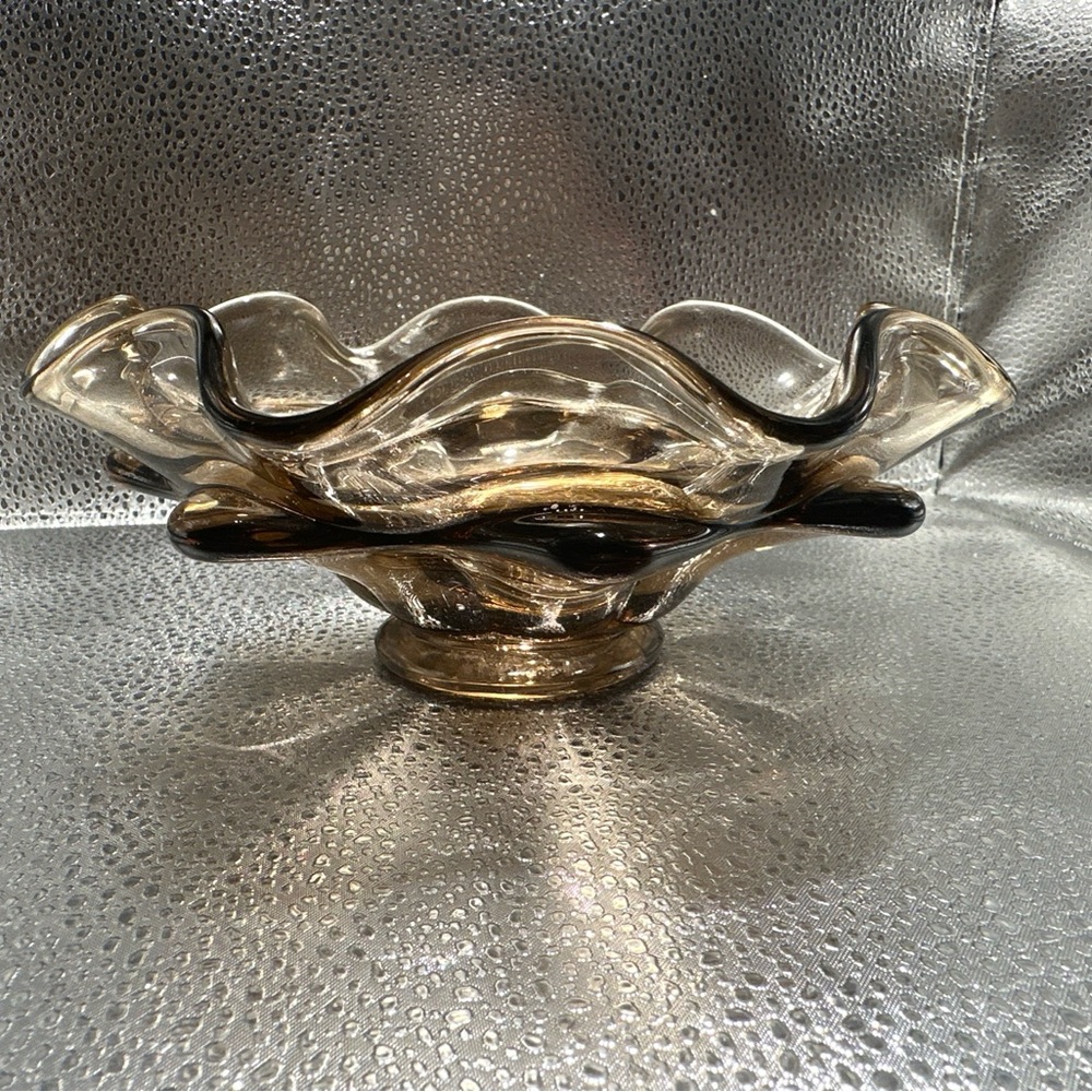 Vintage Viking Glass Amber/Smoke Wavy Double Layer Bowl Candy Dish - Picture 5 of 9